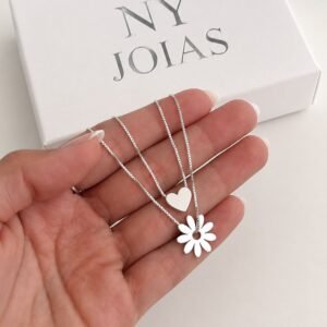 COLAR DUPLO FLOR E CORAÇÃO - PRATA 925